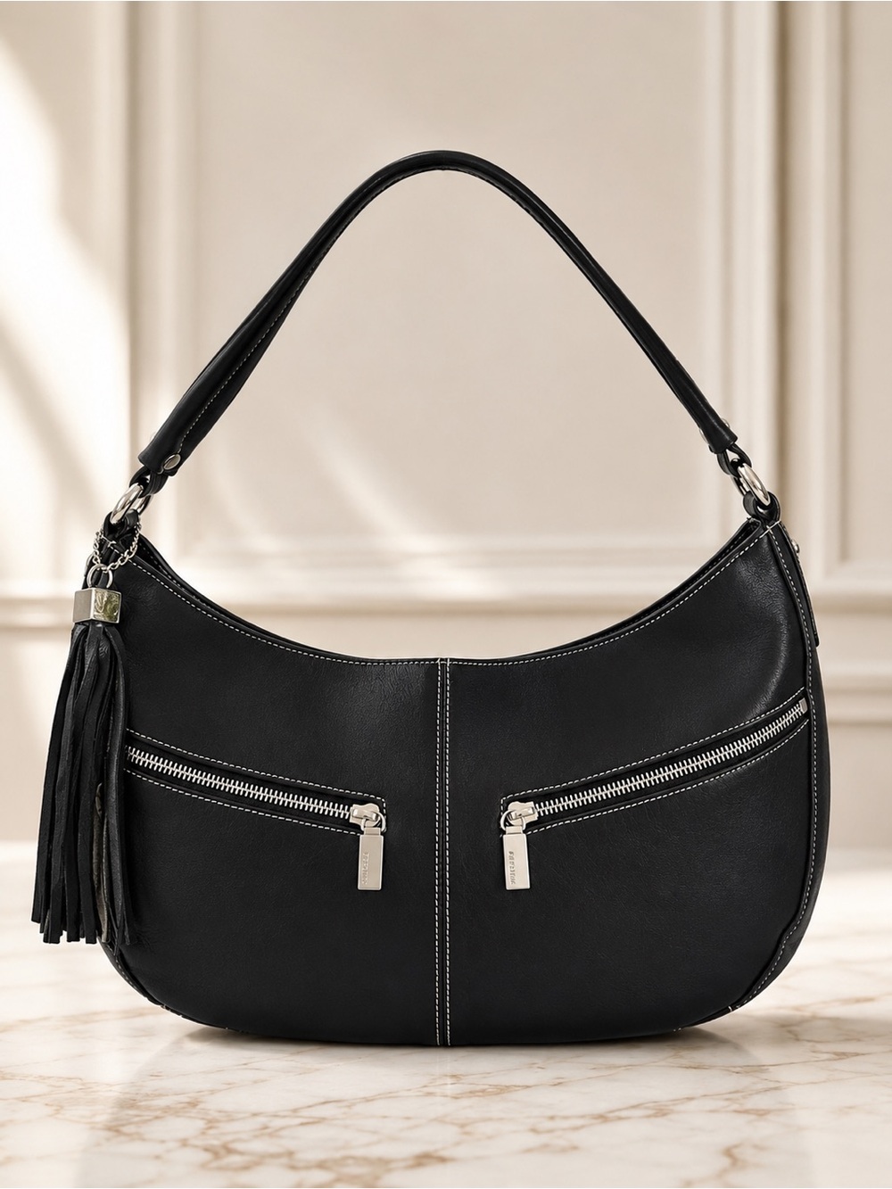Perlina Black Leather Hobo Shoulder Bag Tassel Double Zip Pocket